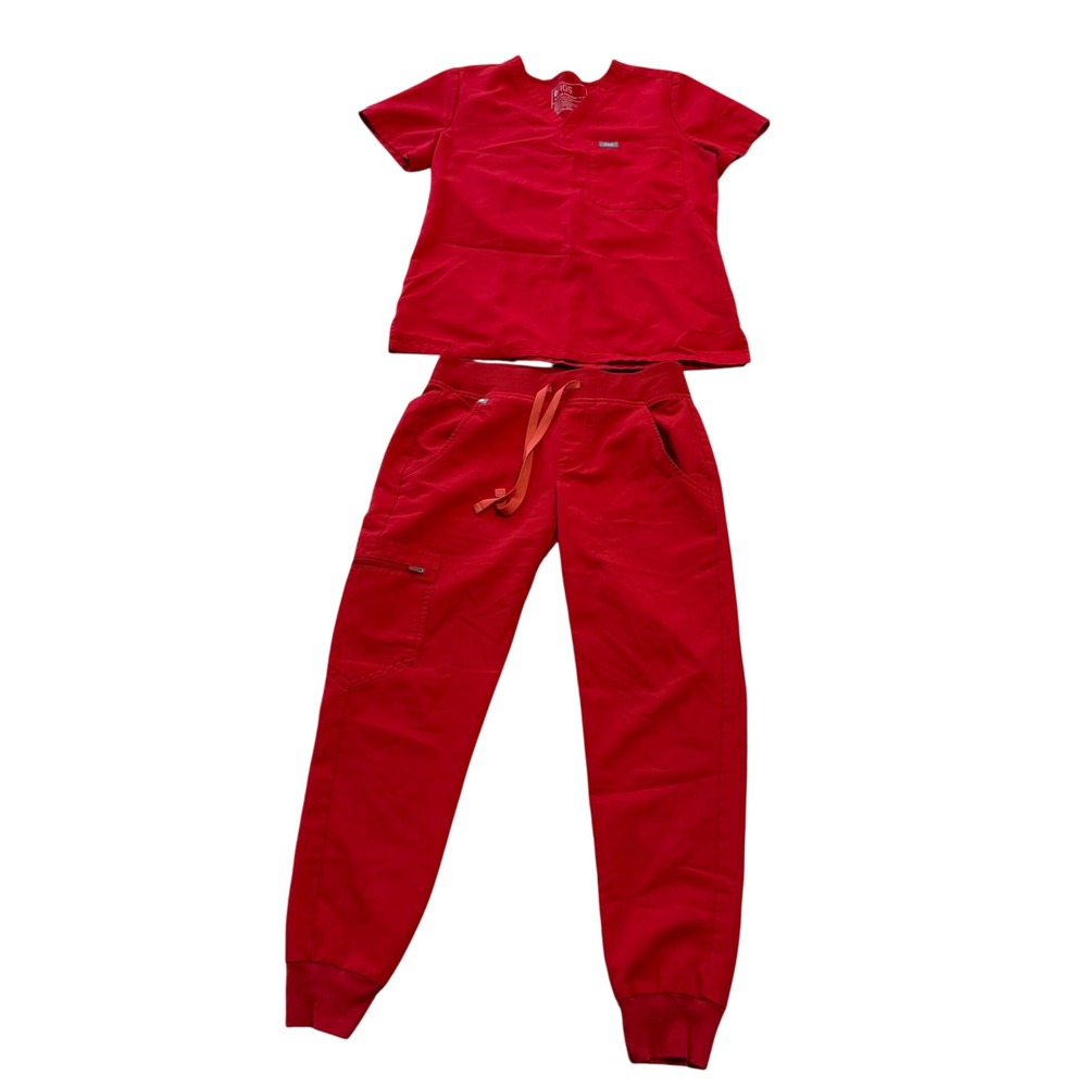 FIGS Pop Red Scrub Set Catarina Top XSP & Jogger Pants XXS Petite Nurse Workwear